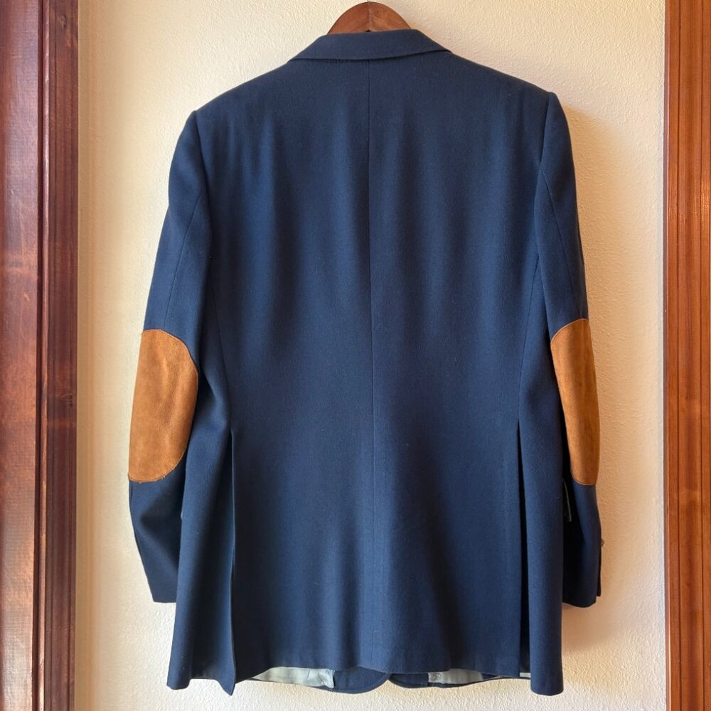 VTG Lanvin Navy Blue Blazer Suit Jacket Sport Coat Tan Brown Suede Elbow Patches